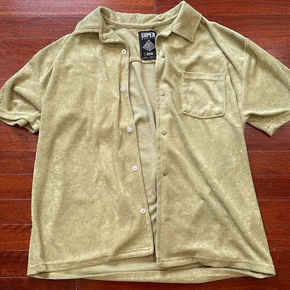Green terry cloth button up t shirt- women’s medium